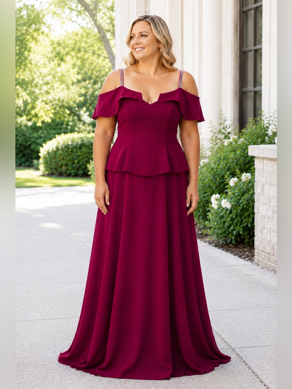 NWT Alexander by DAYMOR Cranberry Off Shoulder Gown Formal Dress Sz 18 MSRP $995